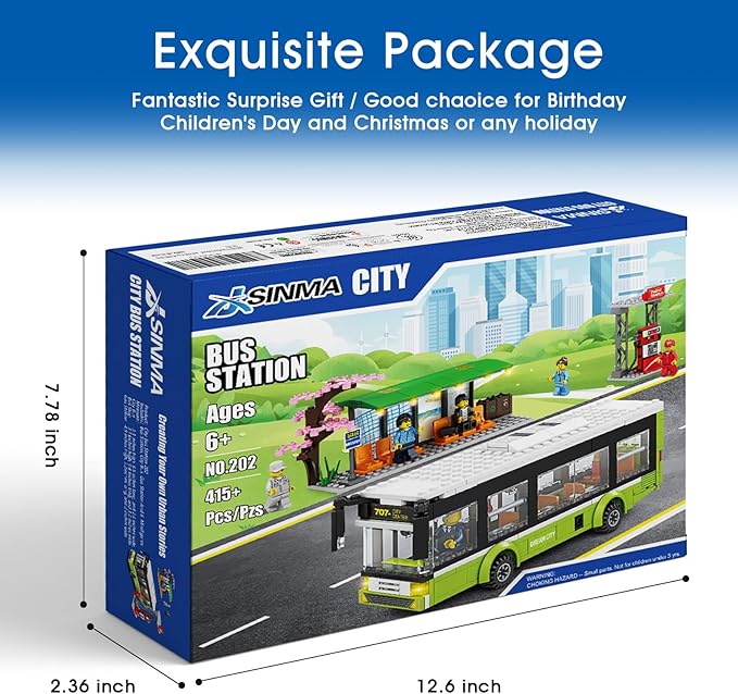 City Bus Station Building Toy Set,Includes a Bus, 6 Minifigures and a Gas Station, Bus Toy for Kids Ages 6+ Years Old,Great Gift Idea for Boys and Girls,Compatible with City Sets(415 Pcs)