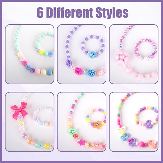 BigOtters Little Girls Necklace Bracelet, 6 Sets Lovely Colorful Beads Jewelry Princess Dress up for Toddlers Pretend Play Party Costume,Easter Eggs Stuffers Kids Easter Gift