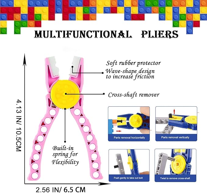 Building Blocks Tool Kit Brick Separator Tools Compatible with Lego &Technic Mini Blocks Tool Set Multi-Functional Hammer Pliers Tweezers Finger Protectors with Tin Box (Pink)
