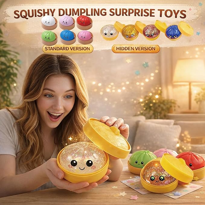 Dumpling Squishies, Glitter Dumpling, Glitter Dumplings Squishy with Box, Dumplings Sensory Squeeze Toy for Stress Relief Stretchy Desk Toys (White)
