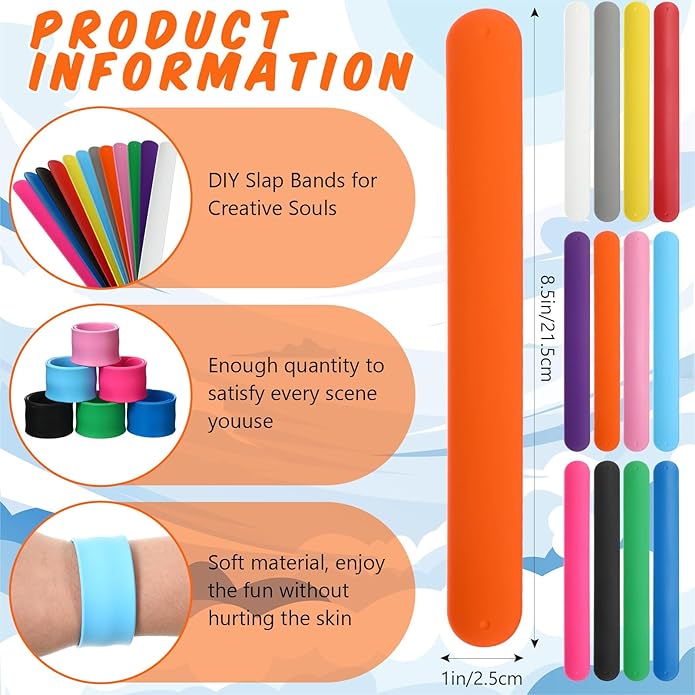 Silicone Rubbber Slap Bracelets Plain Slap Bracelets Wrist Soft and Safe Slap Bands Wrap Band for School Party Favors DIY Painting Wristband Craft