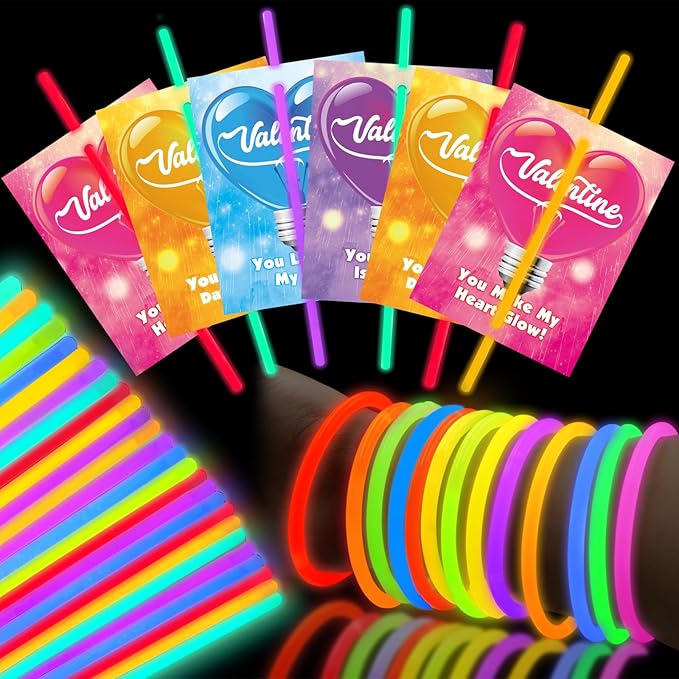 Valentines Day Gifts For Kids, 32 Packs Valentines Glow Sticks Bracelet Valentines Gifts Glow Necklaces for Valentines Day Gifts for Kids School Classroom Exchange Party Favors Supplies