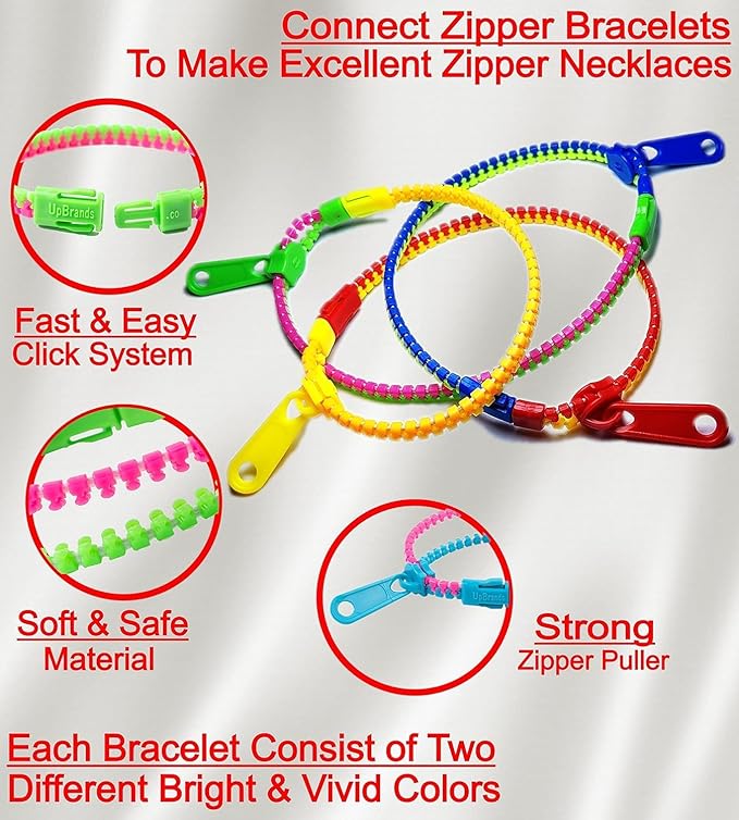 UpBrands 24 Fidget Toys Zipper Bracelets 7.5 Inches, Easter Basket Stuffers, Sensory Toys Bulk Set, Neon Colors, Kit for Birthday, Party Favors for Kids, Easter Egg Fillers