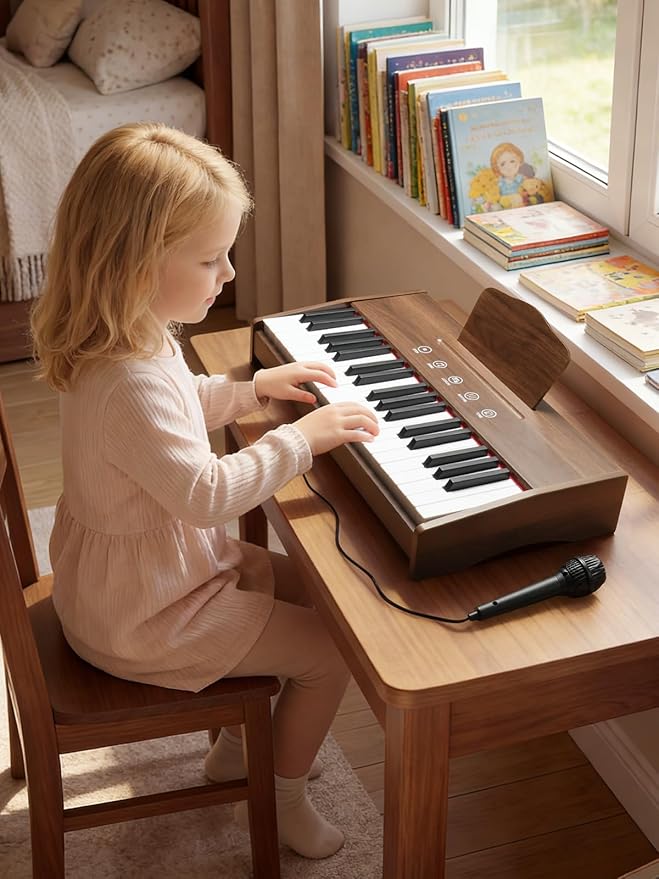 Kids Piano Keyboard, 37 Keys Digital Piano for Kids, Touch Button, Music Educational Instrument Toy, Wood Toy for 3+ Girls and Boys(Dark Brown)