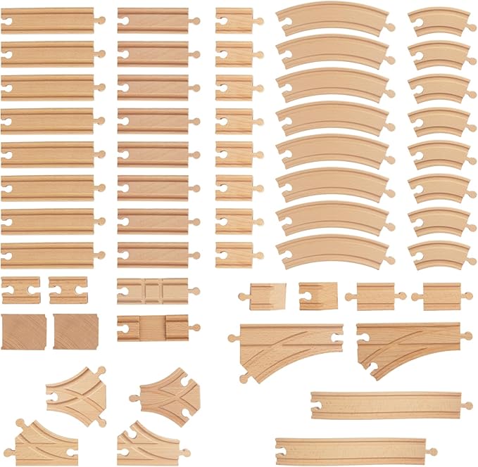 Wooden Train Tracks 58 Piece Set, Track Expansion and 9 Distinct Pieces - 100% Compatible with All Major Brands Including Thomas Wooden Railway System