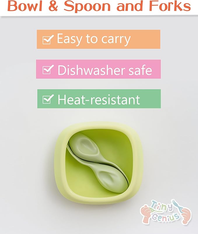 Toddler Utensils Set Ergonomic Fork and Spoon and Bowl Set Non-Slip Design for baby 12+ Month Self-Feeding Olds BPA Free Silicone Microwave and Dishwasher Safe Fine Motor Skills (Green)