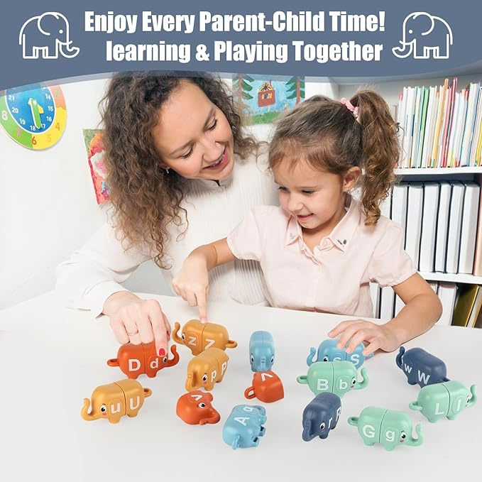 13PCS Elephant Alphabet Learning Toys for Toddlers 2-4, Toddler Preschool Learning Activities, Educational Montessori Toys for 2 Year Old, Double Sided Matching Game A-Z