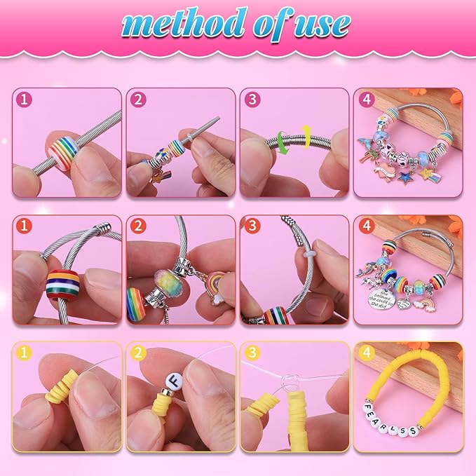 AIPRIDY 3600 Pcs Girls Toys Bracelet Making Kit, Unicorn/Mermaid Jewelry Activity, Flat College Style Beading for Friendship Jewelry Making, DIY Crafts for 4-12 Girls Birthday Christmas Gifts(Pink)