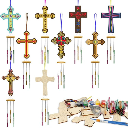 Fennoral 9 Pack Cross Wind Chime Kit for Kids Make You Own Easter Cross Wind Chimes DIY Wooden Crafts to Paint for Art Activities Easter Decoration Birthday Gift