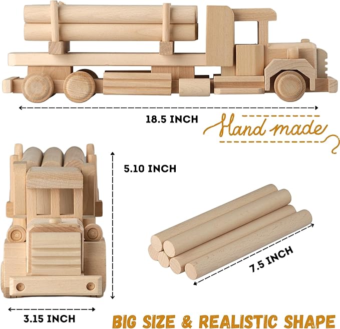Wood DIY Car Toys - Retro Logging American Truck with Cargo - Paintable Educational Toys for Kids Ages 3+ Wooden Toys for Childrens & Adults - Paint Your own Truck
