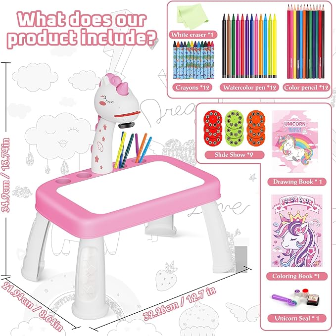 Drawing Projector for Kids,Projector for Drawing Toys for Ages 5-7,Drawing pad with Music,Pencils,Crayons,Scrapbook,Sticker Book,Unicorn Stickers,Kids Projector Unicorn Toys for Girls Age 4-6