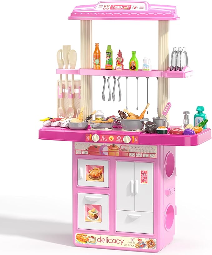 TEMI Kitchen Playset | 2-in-1 Kids Kitchen & Grill Playset, Play Kitchen with 60Pcs Toy Accessories Set, Real Sounds and Light | Pretend Play Set for 3+ Year Old Kids, Girls & Boys