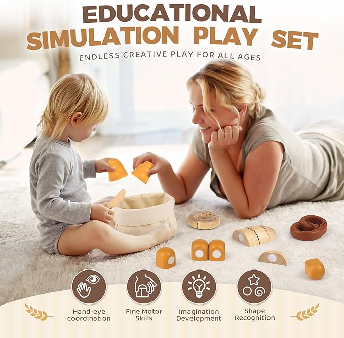 Wooden Play Food Bakery Toy Sets for Kids Kitchen Grocery Pretend Food Accessories Playsets for Kids Ages 4-8 Birthday Gift for Boys Girls Educational Toys