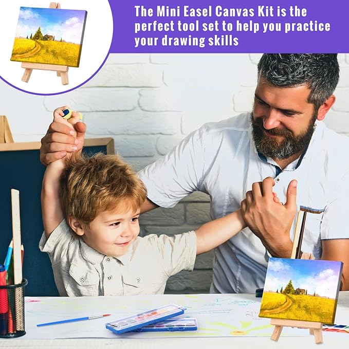 Fuutreo Watercolor Paint Sets 3x4 Mini Canvas Easel Paints Brush Set Kids Art Party Favors and Party Supplies Watercolor Paint Party Favors Washable Watercolor Bulk for Kids Birthday Prizes (48 Pcs)