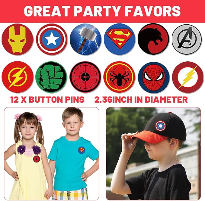 Superhero Party Favors Supplies 12 Bubble Wands 12 Keychain 12 Bracelets 12 Button Pins 50 Stickers Toys for Kids Boys Themed Party Favors Birthday Decorations
