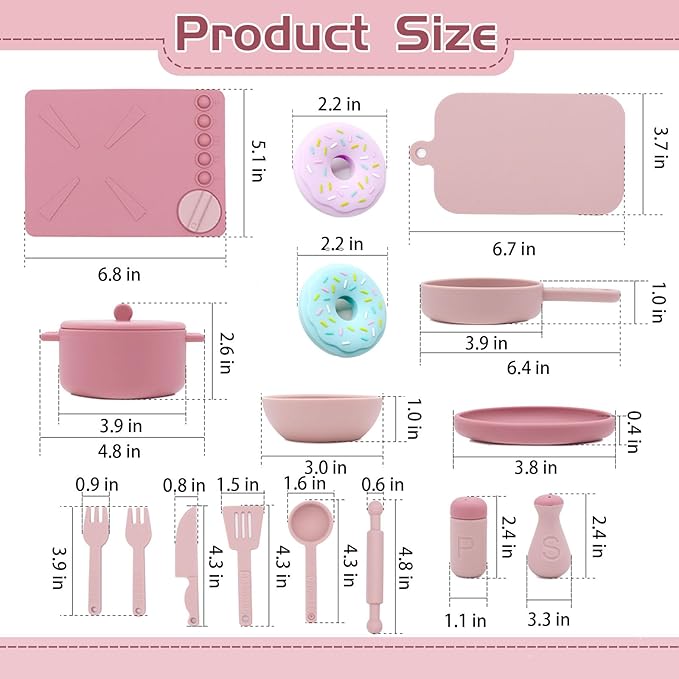 Play Kitchen Accessories, Silicone Pretend Play Kitchen Toys Set, Play Kitchen Pots and Pans Set for Kids, Learning Education Cooking Toys for Girls(Pink)