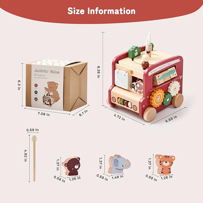 Wooden Activity Cube 8-in-1 Montessori Toys | Multifunctional Early Educational Learning Toys | Activity Cube for Baby Shape Sorter Xylophone Animal Travel Bus Toys Boy Girl Birthday Gift(Red Bus)