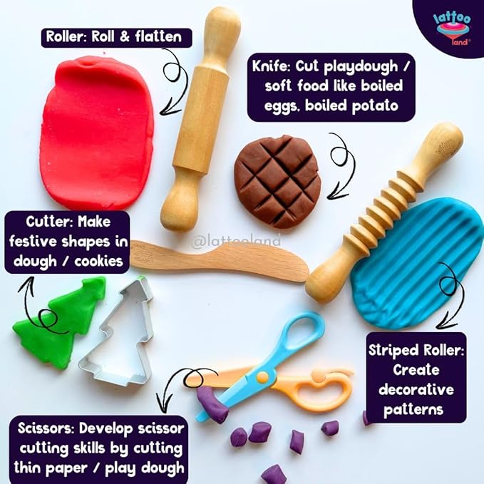 Play Dough Tools Accessories for Kid | Wooden Rolling Pins & Knife | Child-Safe Scissor | Sculpting Tool to Roll, Cut,Flatten | Pretend Play Kitchen Tool | Clay Mould Tool for Kid Ages 2-7