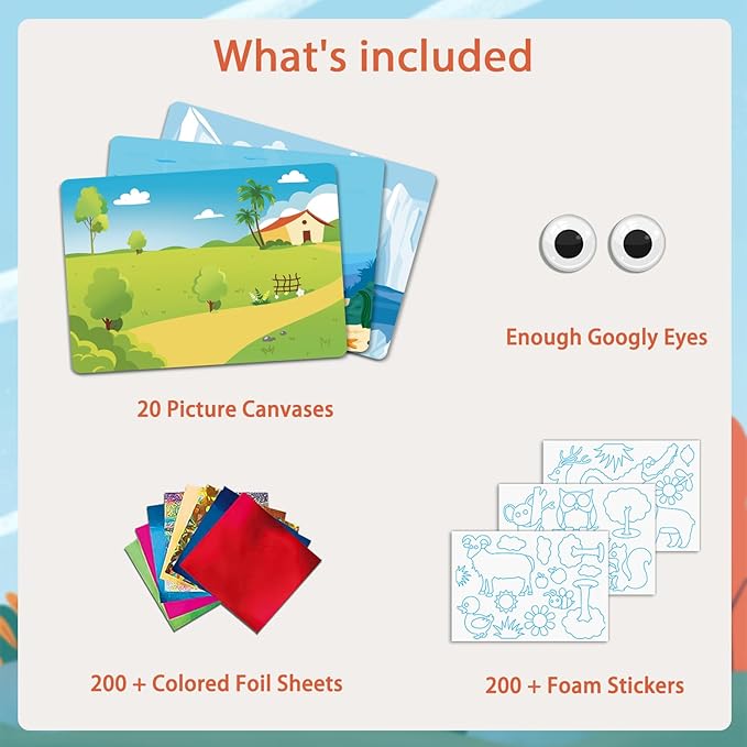 SOOVSY 200 Sheets Animals Foil Art Fun Kit for Kids, Foil Art for Kids Crafts Kit DIY Creative Activity Birthday Travel Toys for 4 5 6 7 8 9 Years Old Kids Girls Boys Arts & Crafts