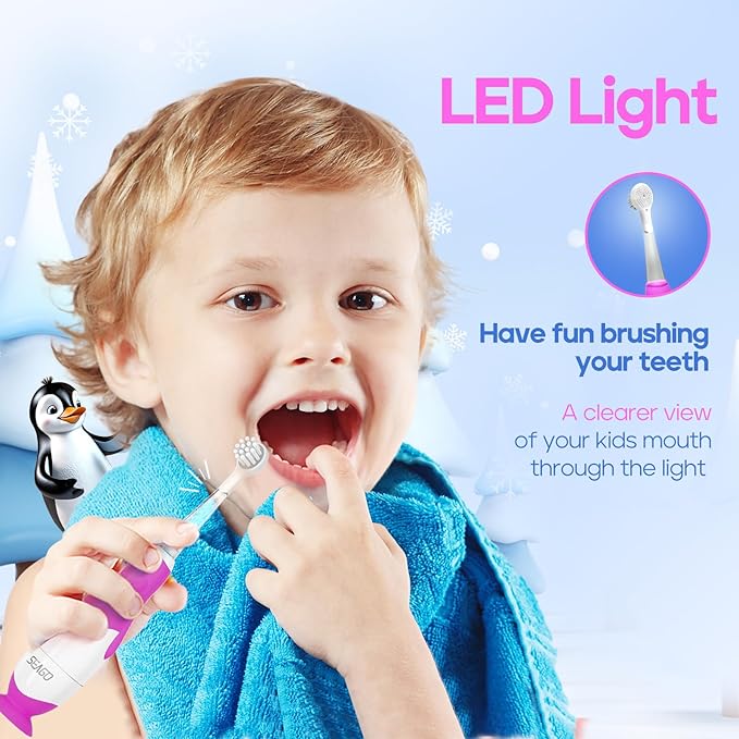 SEAGO Toddler Electric Toothbrushes for Baby Ages 0-3 Years, Baby Toothbrush with Smart Timer and Suction Base, 4 Replacement Brushheads (Purple-C)