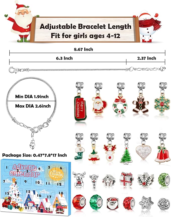 Advent Calendar 2024 Girls, Jewelry Making Kit Charm Bracelet Advent Calendar for Kids Countdown to Christmas, DIY Christmas Arts and Crafts for Girls Age 4-12, Teenagers, Teens Girl, Adults, Women