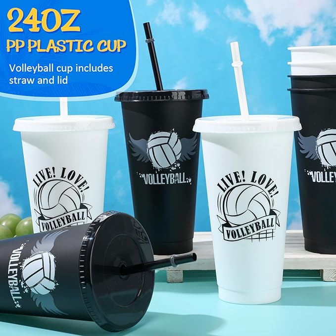 Yungyan 48 Pcs Volleyball Party Favors Set Volleyball Goodie Bags 24oz Volleyball Cups with Lids Sport Drawstring Bags Volleyball Hair Ties Bracelets for Team Gifts Volleyball Party Supplies