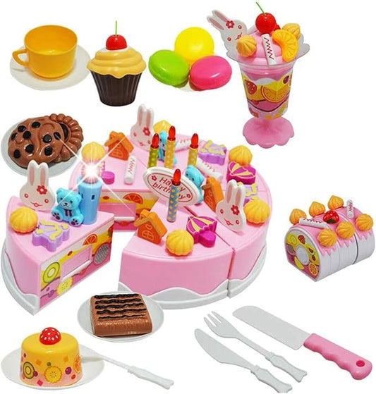 DIY Cutting Birthday Cake Toys, Play Kitchen Food Kids Pretend Play,Light and Music Birthday Cake Toy Kids Girls Gift with Blowable Candle (83PCS with Light,Pink)