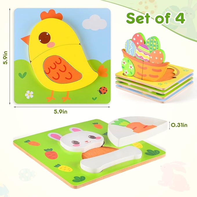 Easter Wooden Puzzles for Toddlers 1-3, Easter Basket Stuffers for Toddler, Easter Gifts for Babies Boys Girls, Easter Toys for 1 2 3 Year Old Learning, Educational Wood Animal Chunky Puzzles
