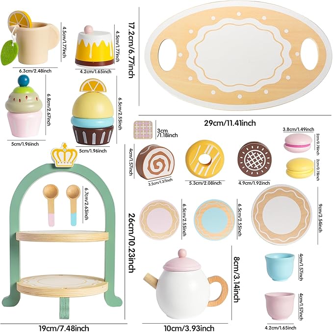 Wooden Tea Party Set for Little Girls,Pretend Play Kitchen Accessories for Toddler 2-10 Years Old,20pcs Wooden Toys for 2 3 4 5 6 Year Old Girl Birthday Gift