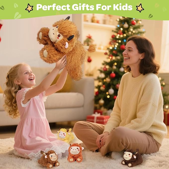 KMUYSL Highland Cow Stuffed Animal for Girls Ages 0 1 2 3 4 5 6 7 8+ Years Old, Mommy Cow Animals Plush Toys with 4 Baby Calves, Soft Animal Stuffed Toys Set, Christmas Birthday Gifts for Kids Girls