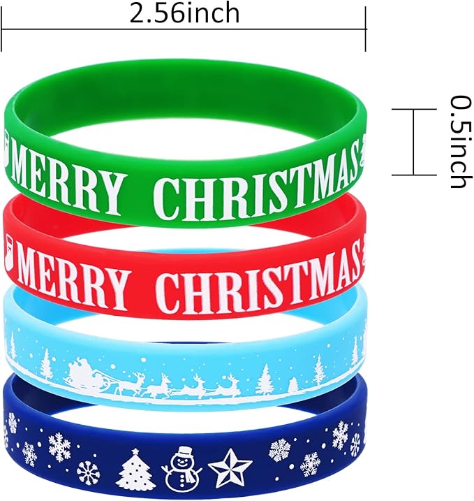 Whaline 36Pcs Christmas Silicone Bracelets Xmas Red Green Winter Blue Rubber Wristbands Assorted Design Unisex Stretch Rubber Wristband for Xmas Goodie Gift Bag Fillers Holiday Party Favor Supplies