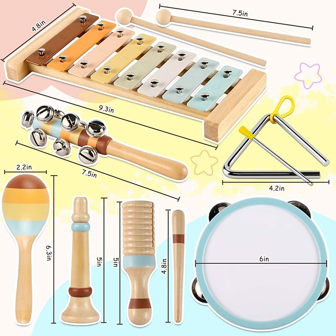 LOOIKOOS Toddler Musical Instruments Toys, Wooden Percussion Instruments Set for Kids Baby with Xylophone, Preschool Educational Musical Toys for Boys and Girls with Storage Bag(12pcs)