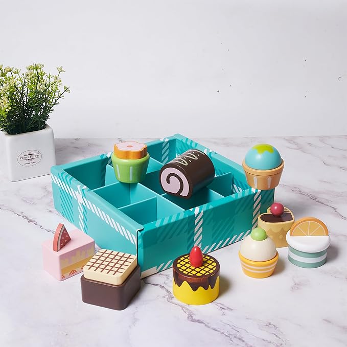 10pcs Wooden Dessert Set Toddler Pretend Play Toy Food, Sweets Playset with Muffin, Cupcake, Chocolate Cake & Roll, Kids Food Toys Play Kitchen Accessories Boys and Girls Birthday Gift