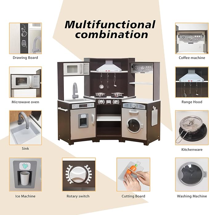 TaoHFE Corner Play Kitchen with Lights & Sounds Brown Kitchen Kids Toddler Kitchen Set with Washer, Chalkboard Wooden Kitchen Kids Playset with Washing Machine Range Hood Boys Gift for Ages 3+