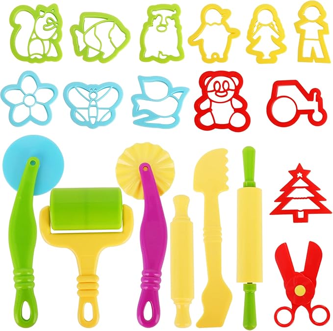 Play Dough Tools Set for Kids Ages 2-4 19PCS Non Toxic Playdough Accessories Modeling Clay Tools with Animal Cookie Cutters Molds Rolling Pin Scissors Bulk Pack for Toddlers Arts Crafts Activities