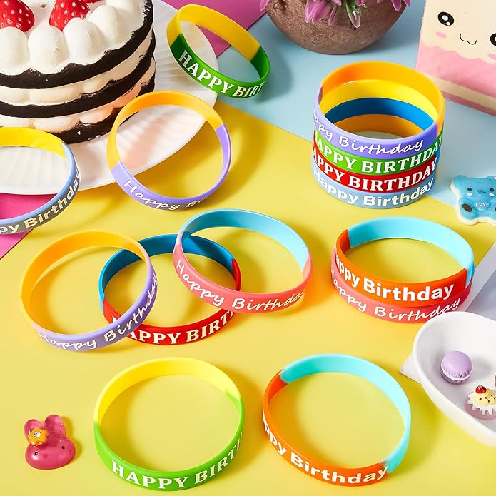 Sratte 120 Pcs Happy Birthday Rubber Bracelets for Kids Stretch Wristbands Bulk Birthday Bracelets for Classroom Student Back to School Gift Teacher Birthday Party Favors Supplies