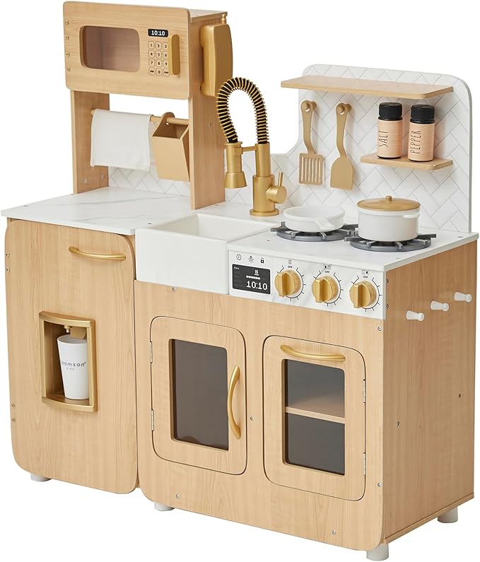 Teamson Kids Little Chef Cyprus Medium Wooden Play Kitchen with Interactive, Realistic Features, and 14 Kitchen Accessories for 3yrs and up, Light Oak/Faux White Marble/Gold