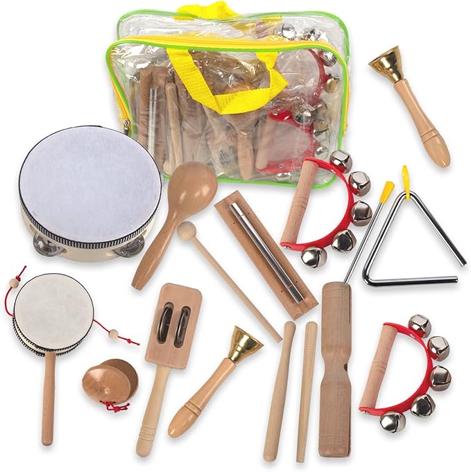 Wooden Musical Instruments Set for Toddlers 1-3, Natural Wood Percussion Instruments Xylophone Gift Set for Girls Boys Kids ,Preschool Educational Musical Toys with Storage Bag (Log Color)
