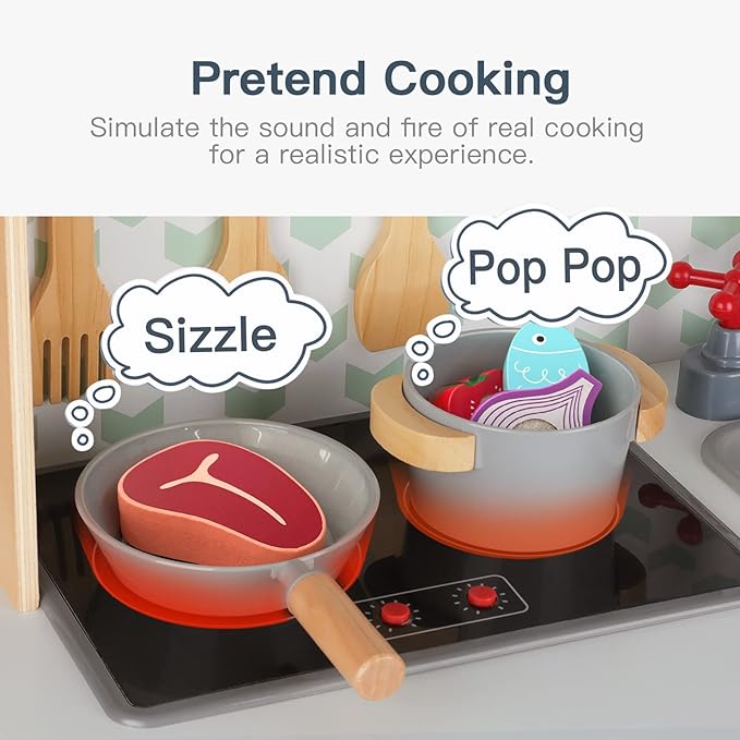 TOOKYLAND Kids Kitchen Playset, Play Kitchen Set for Kids with Real Light & Sounds, Including 11 Piece Simulated Food Accessories, Kids Play Kitchen for Toddlers