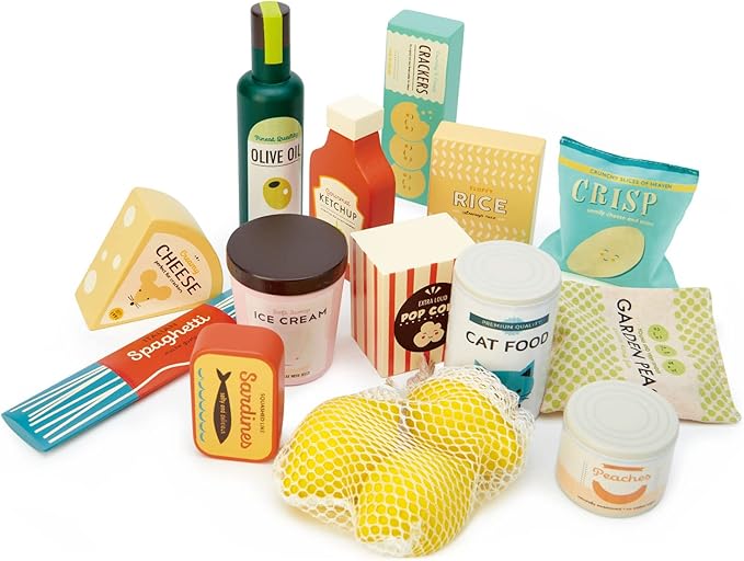 Tender Leaf Toys - Supermarket Grocery Set - 17 Pcs Wooden Pretend Play Food Pack for Supermarket Roleplay Shopping Game, Play Kitchen Accessories - Age 3+