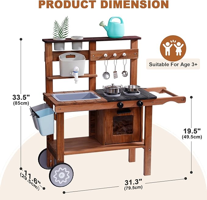 ROBOTIME Mud Kitchen for Kids Outdoor, Wooden Kids Kitchen Playset with Wheels, Outdoor Play Kitchen with Accessories, Fun Backyard Pretend Outdoor Toy Kitchen for Boys Girls Ages 3+