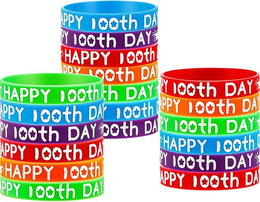 WILLBOND Happy 100th Day of School Silicone Bracelets Colorful Rubber Wristbands Gift for Kindergarten Teacher Student Rewards Classroom Party Supplies Decoration(50)