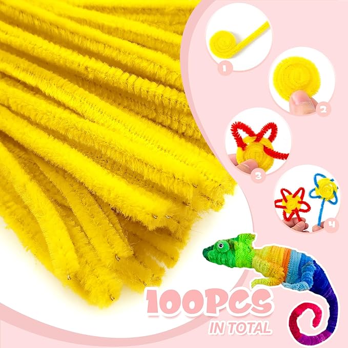 TOAOB 100pcs Pipe Cleaners Yellow Pipe Cleaners Chenille Stems 6mm x 12 Inch Fuzzy Sticks Crafts Supplies for DIY Art Crafts Decorations
