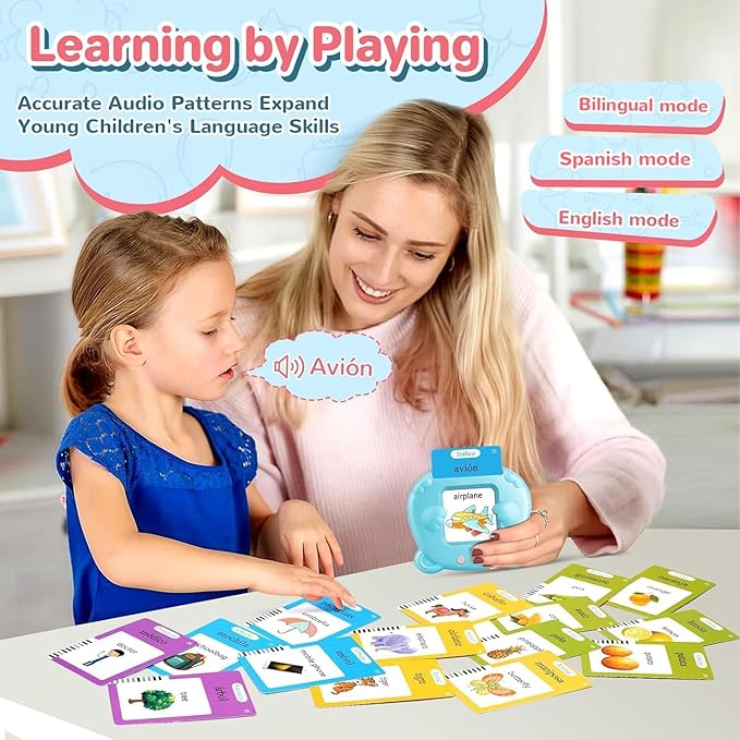 Spanish & English Talking Flash Cards for Toddler 1-6 Year Olds, Learning Montessori Toys with 224 Sight Words, Speech Therapy Toys, Children's Sensory Preschool Learning Educational Birthday Gifts