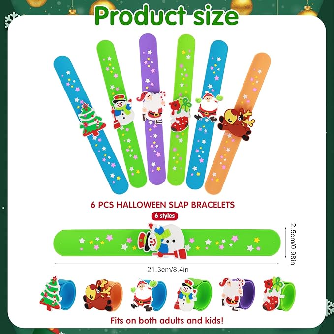 Welkin 6PCS Christmas Slap Bracelets For Kids,Colorful Silicone Bracelet, Soft and Safe Slap Bracelets Party Decorations Favors,Kids Christmas Party Gift