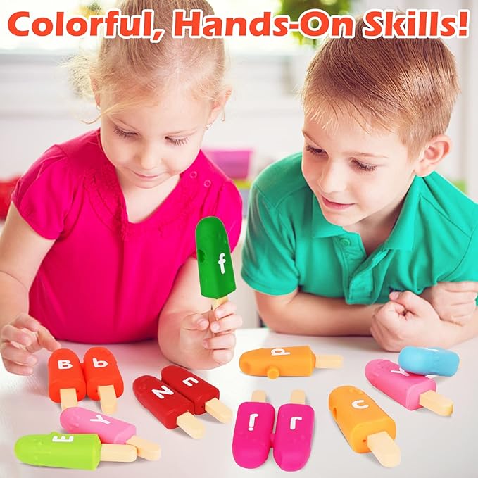 Toddler Alphabet Letters Matching Learning Toys,26 PCS Double - Sided ABC Letters Popsicle Toy Alphabet Match Game Color Sorting Recognition Fine Motor Skills Preschool Montessori Toys for Kids