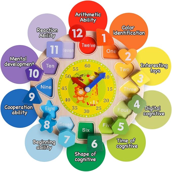 Skrtuan Wooden Shape Color Sorting Clock- Teaching Time Number Blocks Clock Shape Patterns Sorting and Animal Puzzle Montessori Early Learning Educational Toy Gift for 1 2 3 Year Old Toddler Baby Kids