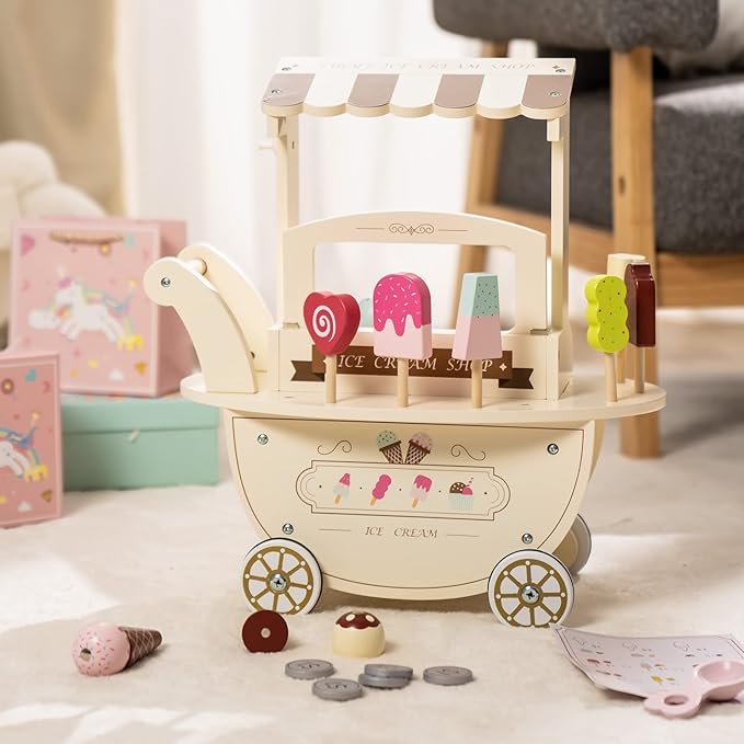 ROBOTIME Wooden Ice Cream Cart Play Set for Kids Toddlers, Pretend Play Kitchen Food Toy Gift for Ages 3+