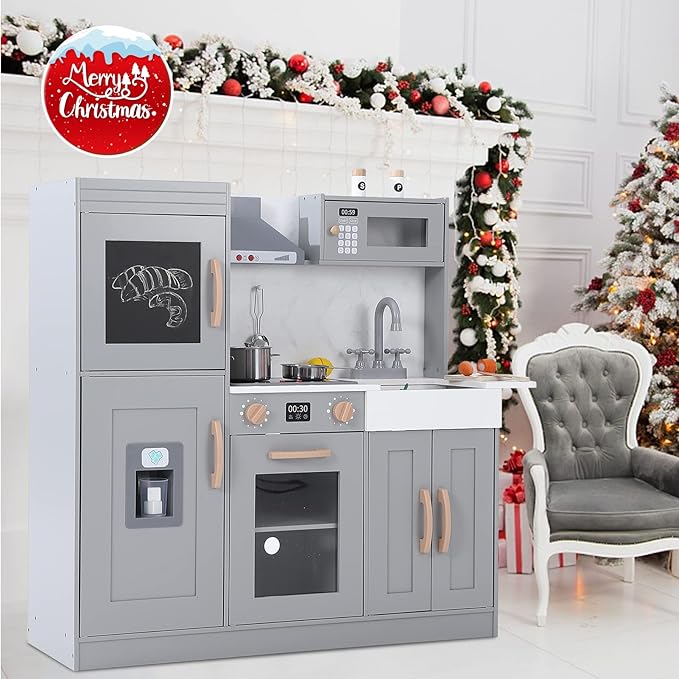 Wooden Play Kitchen with Cookware Accessories, Wooden Chef Pretend Play Set with, Wooden Cookware Pretend with Microwave, Oven, Sink, Real Lights & Sounds, Grey (201GA)