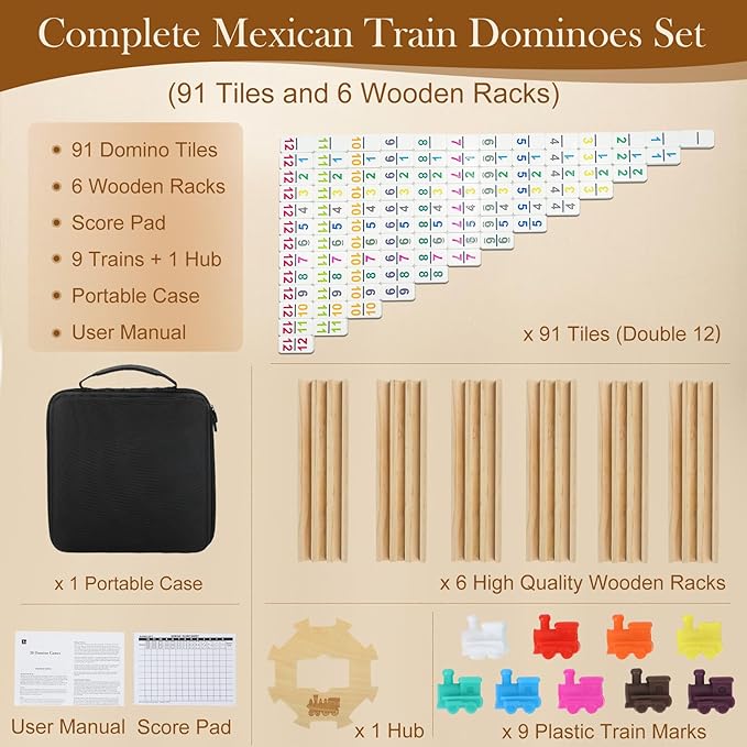 2-6 Players Mexican Train Dominoes Set with Numbers, 6 Wooden Racks, 91 Tiles, Portable Case, Dominos Set for Adults, Board Games for Adults, Valentines Day Gifts for Him Her Men Women Mom Dad